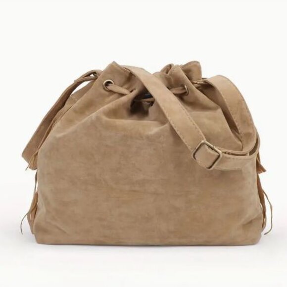 NEW Tan Fringe Bag Bucket Purse Drawstring Pockets Apricot - Picture 3 of 4